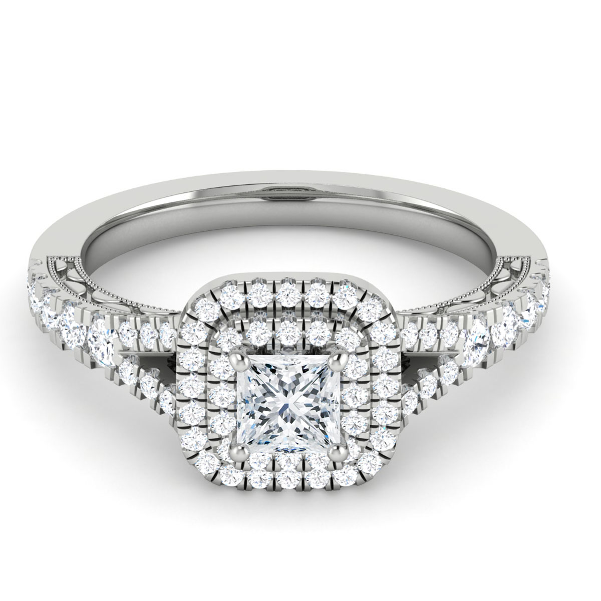 Milgrain Split Shank Double Halo Engagement Ring