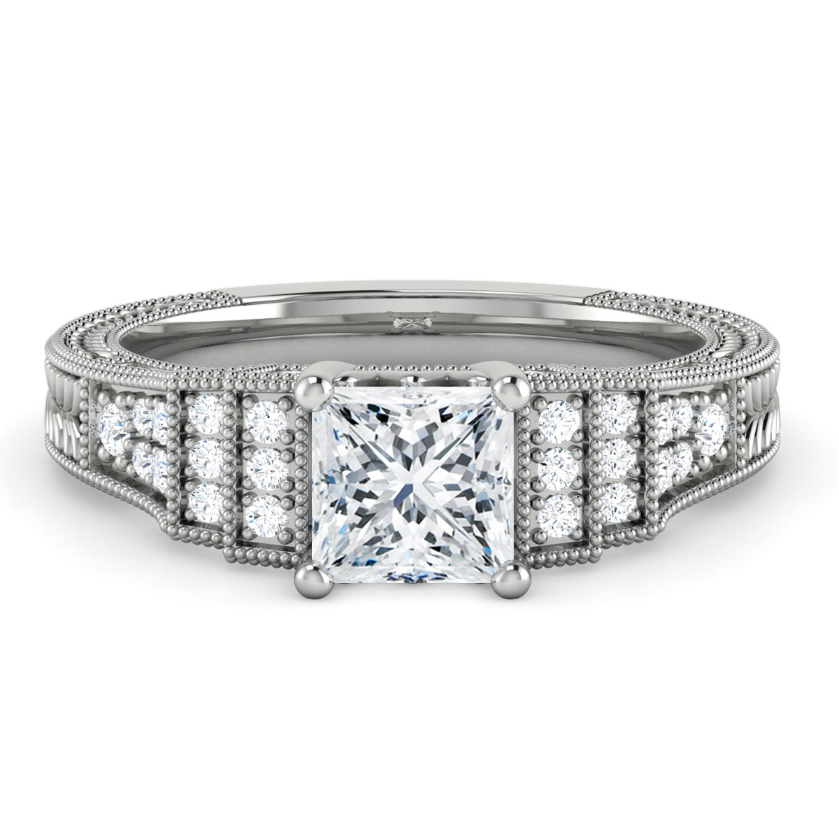 Diamond Vintage Carved Surface Prong Engagement Ring