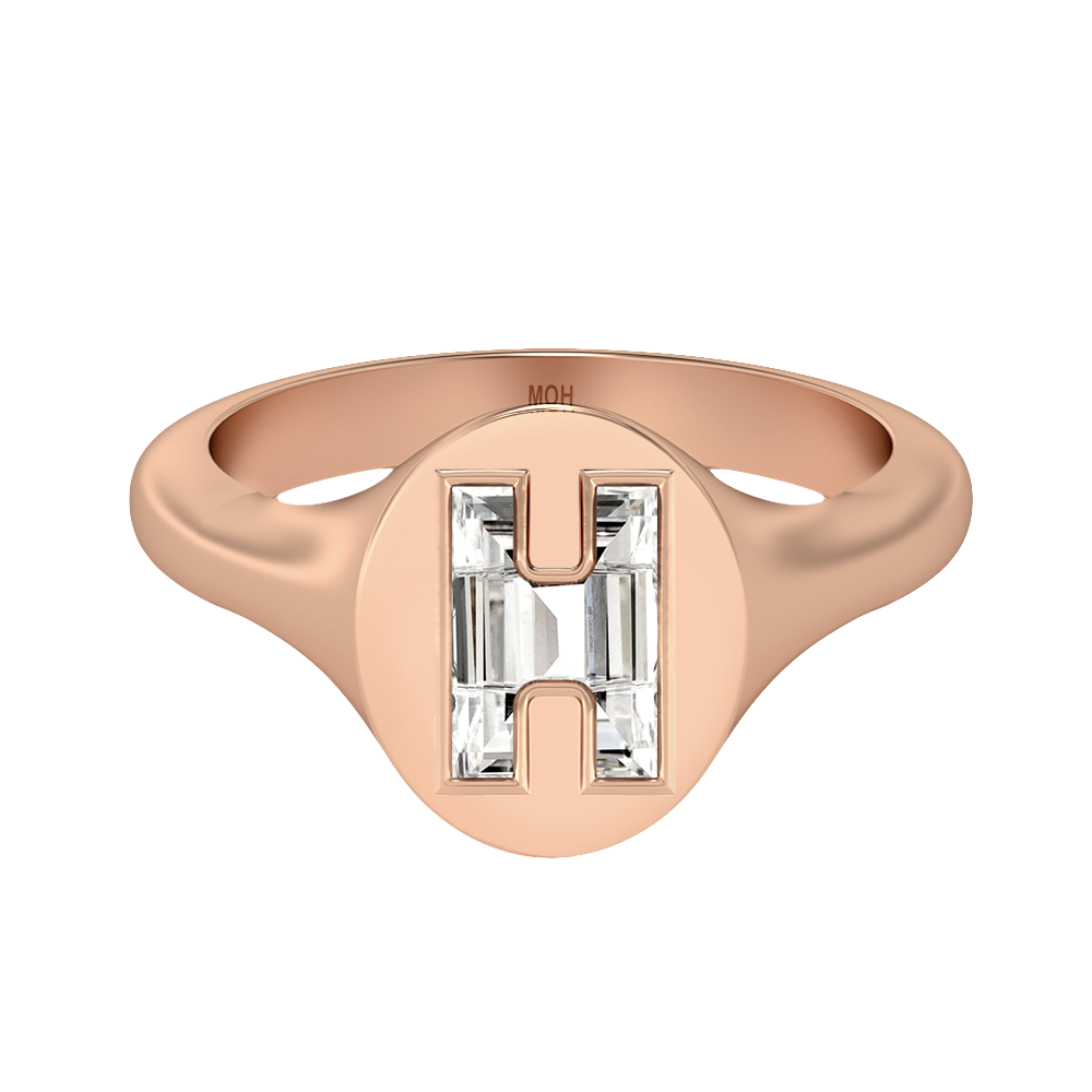 H Letter Alphabet-18K Rose Gold-Signet Ring-7 mm