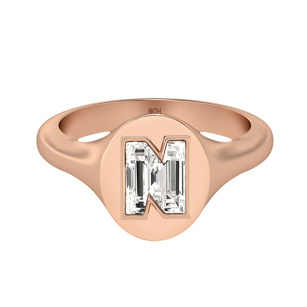 N Letter Alphabet-18K Rose Gold-Signet Ring-7 mm