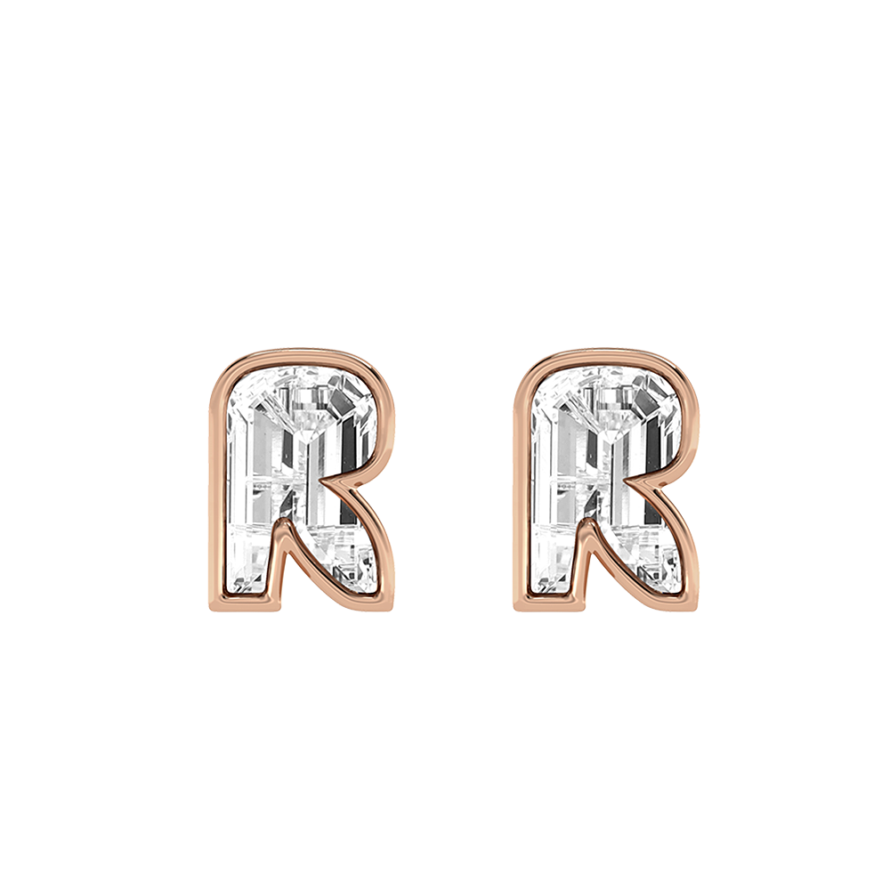 R Letter Alphabet-18K Rose Gold-Stud Earrings-7 mm