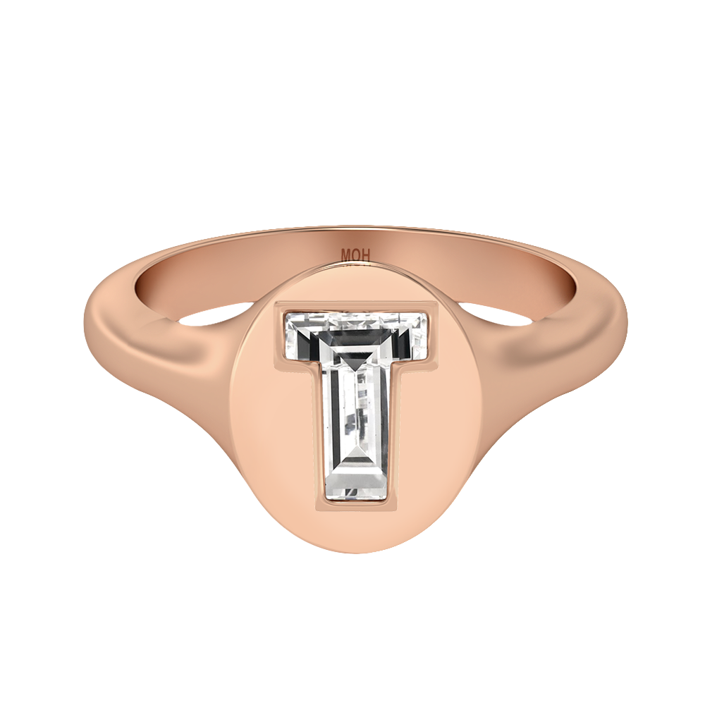 T Letter Alphabet-18K Rose Gold-Signet Ring-7 mm