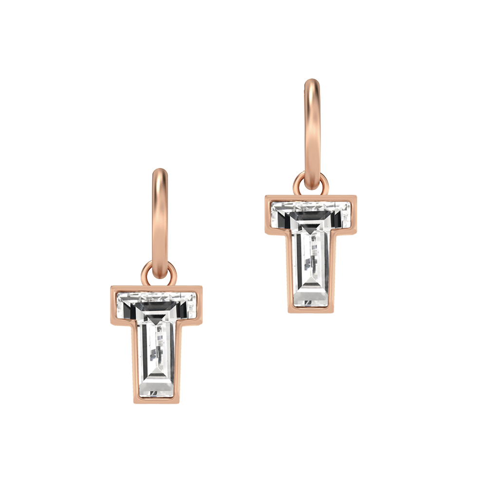 T Letter Alphabet-18K Rose Gold-Hoop Earrings-7 mm