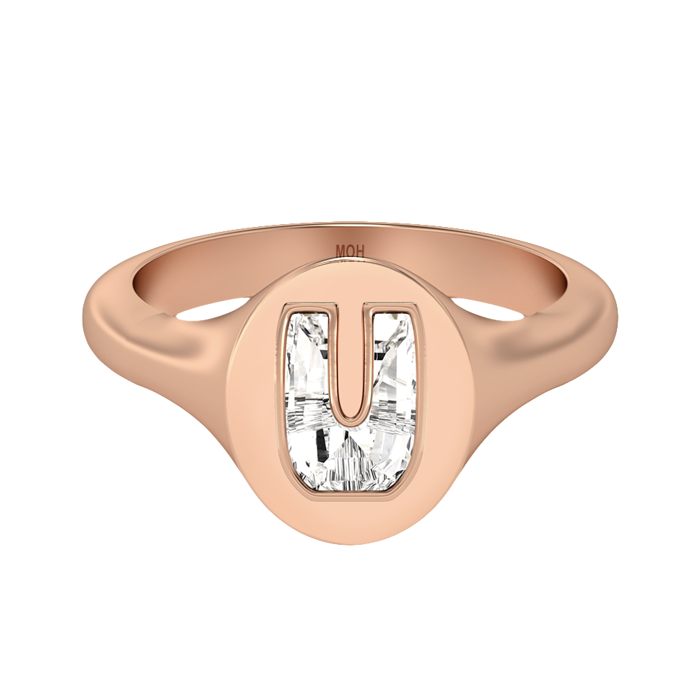 U Letter Alphabet-18K Rose Gold-Signet Ring-7 mm