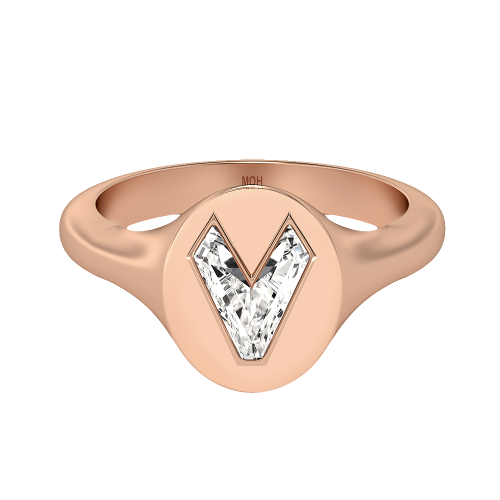 V Letter Alphabet-18K Rose Gold-Signet Ring-7 mm