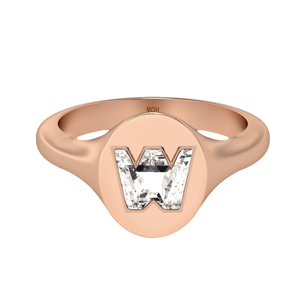 W Letter Alphabet-18K Rose Gold-Signet Ring-7 mm