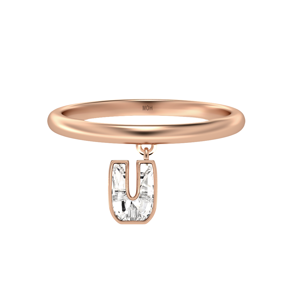 U Letter Alphabet-18K Rose Gold-Drop Ring-7 mm