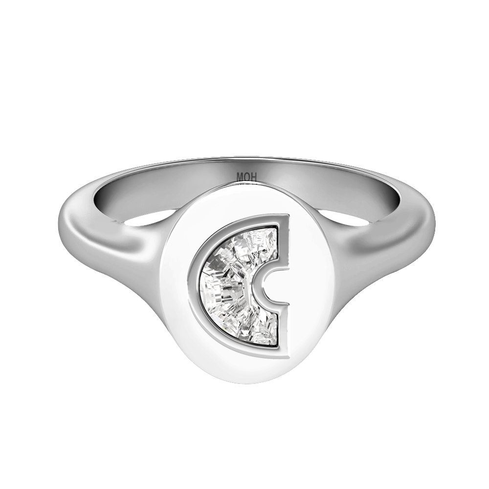 C Letter Alphabet-18K White Gold-Signet Ring-7 mm