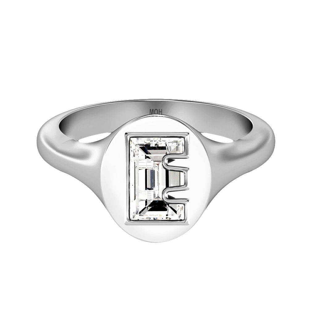 E Letter Alphabet-18K White Gold-Signet Ring-7 mm