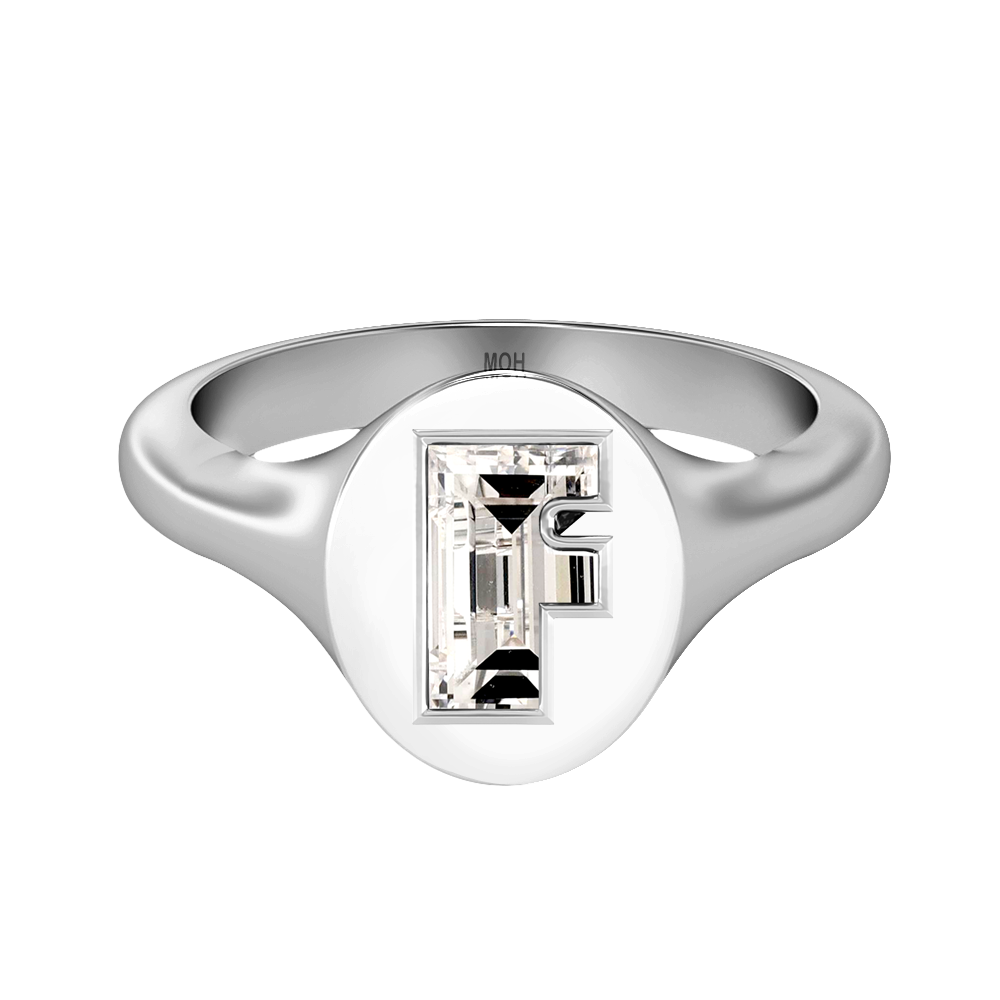 F Letter Alphabet-18K White Gold-Signet Ring-7 mm
