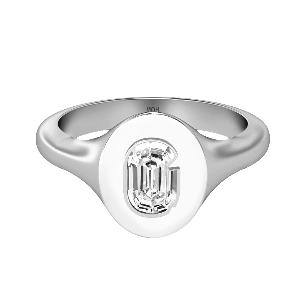 G Letter Alphabet-18K White Gold-Signet Ring-7 mm