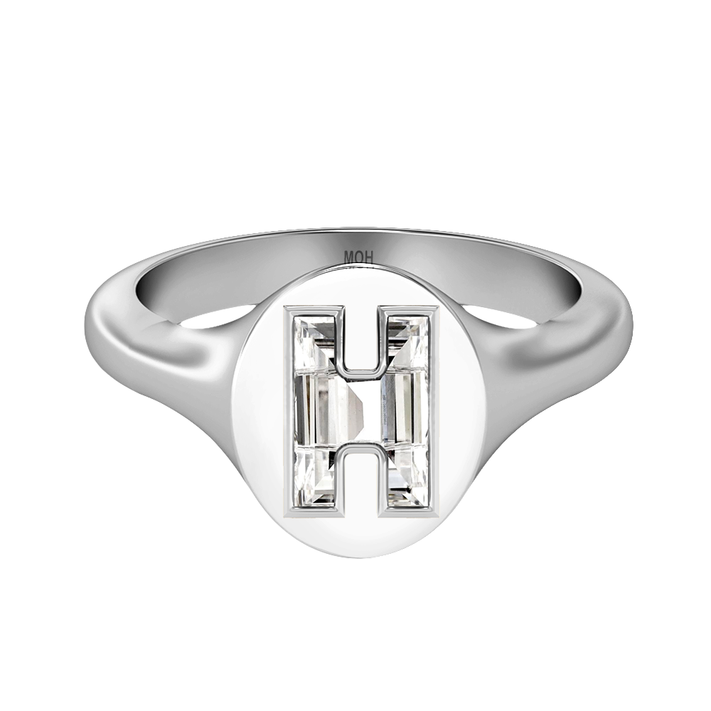 H Letter Alphabet-18K White Gold-Signet Ring-7 mm