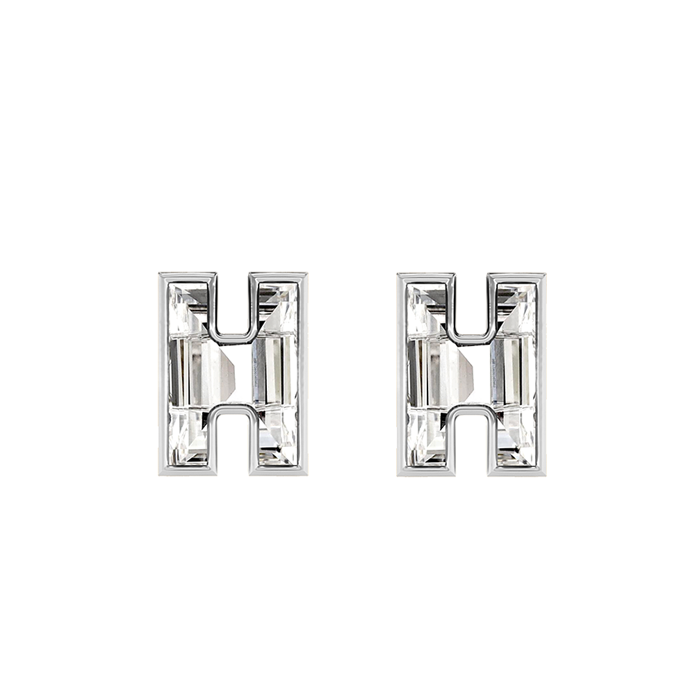 H Letter Alphabet-18K White Gold-Stud Earrings-7 mm