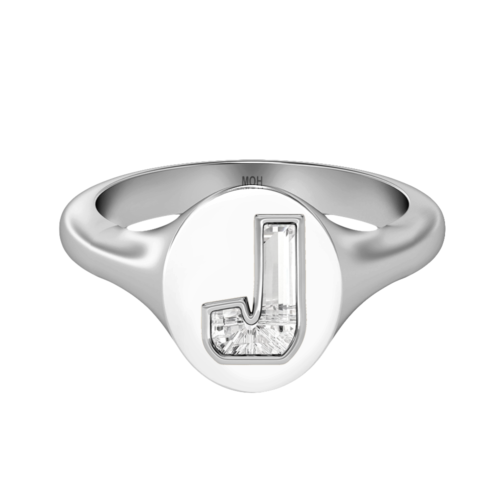 J Letter Alphabet-18K White Gold-Signet Ring-7 mm