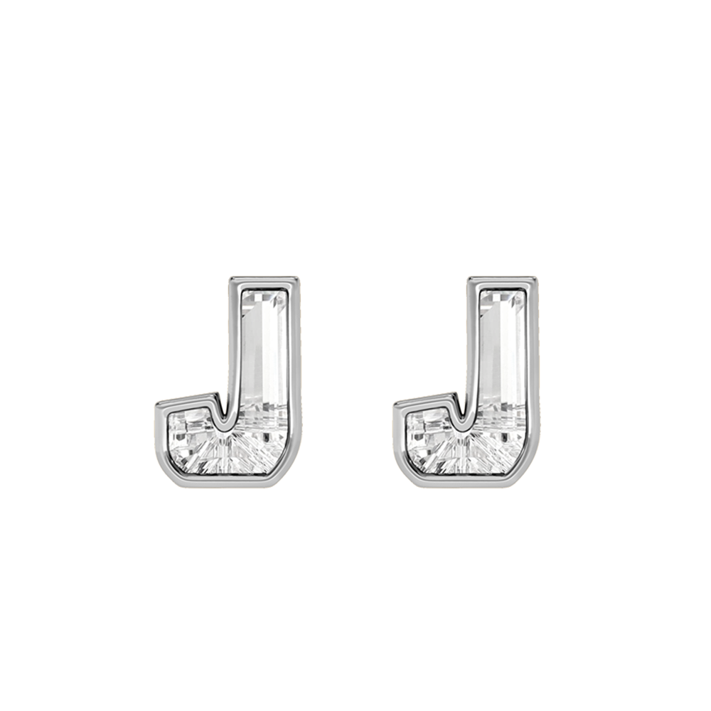 J Letter Alphabet-18K White Gold-Stud Earrings-7 mm