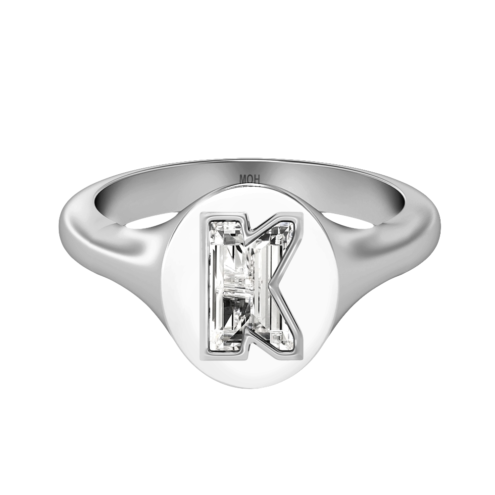 K Letter Alphabet-18K White Gold-Signet Ring-7 mm