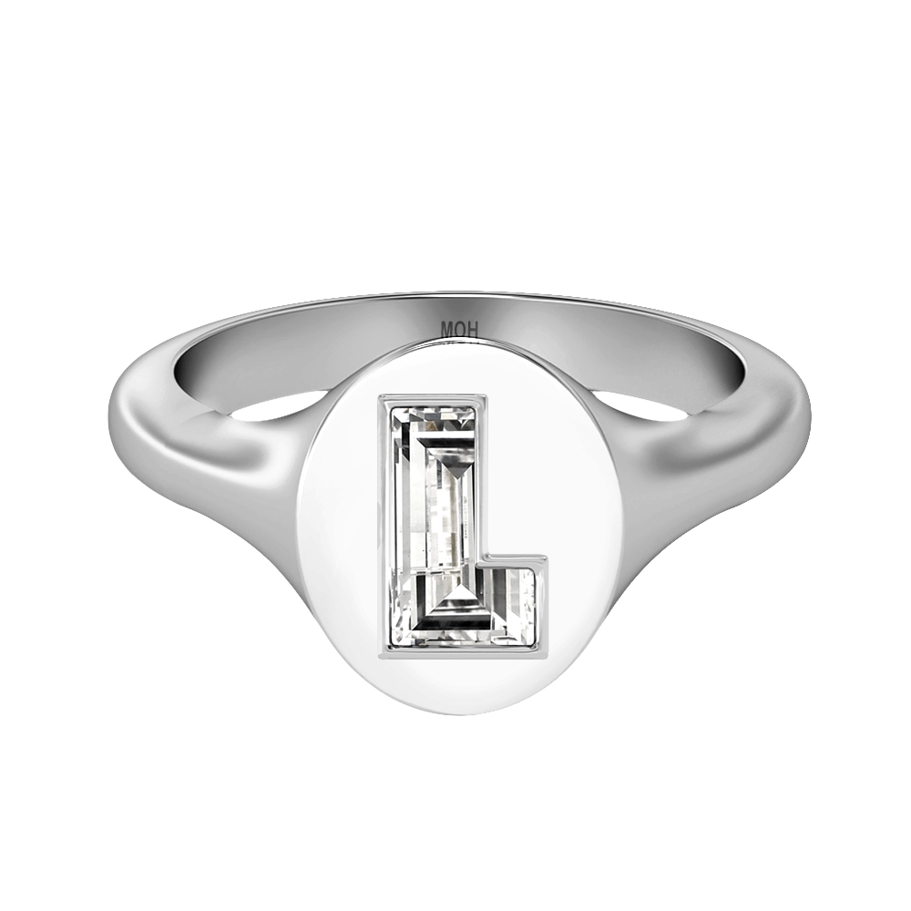 L Letter Alphabet-18K White Gold-Signet Ring-7 mm