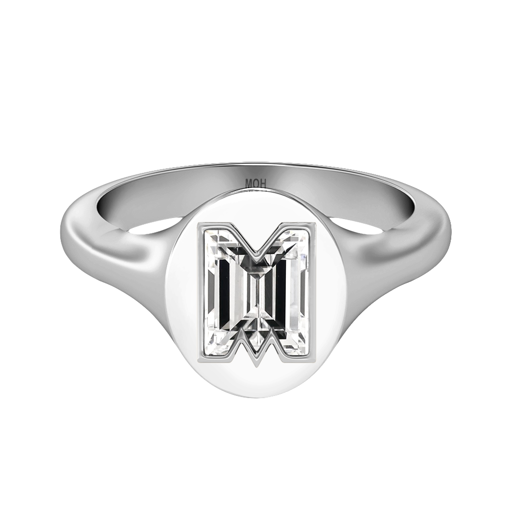 M Letter Alphabet-18K White Gold-Signet Ring-7 mm