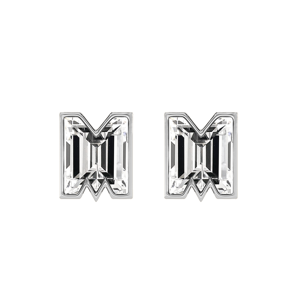 M Letter Alphabet-18K White Gold-Stud Earrings-7 mm