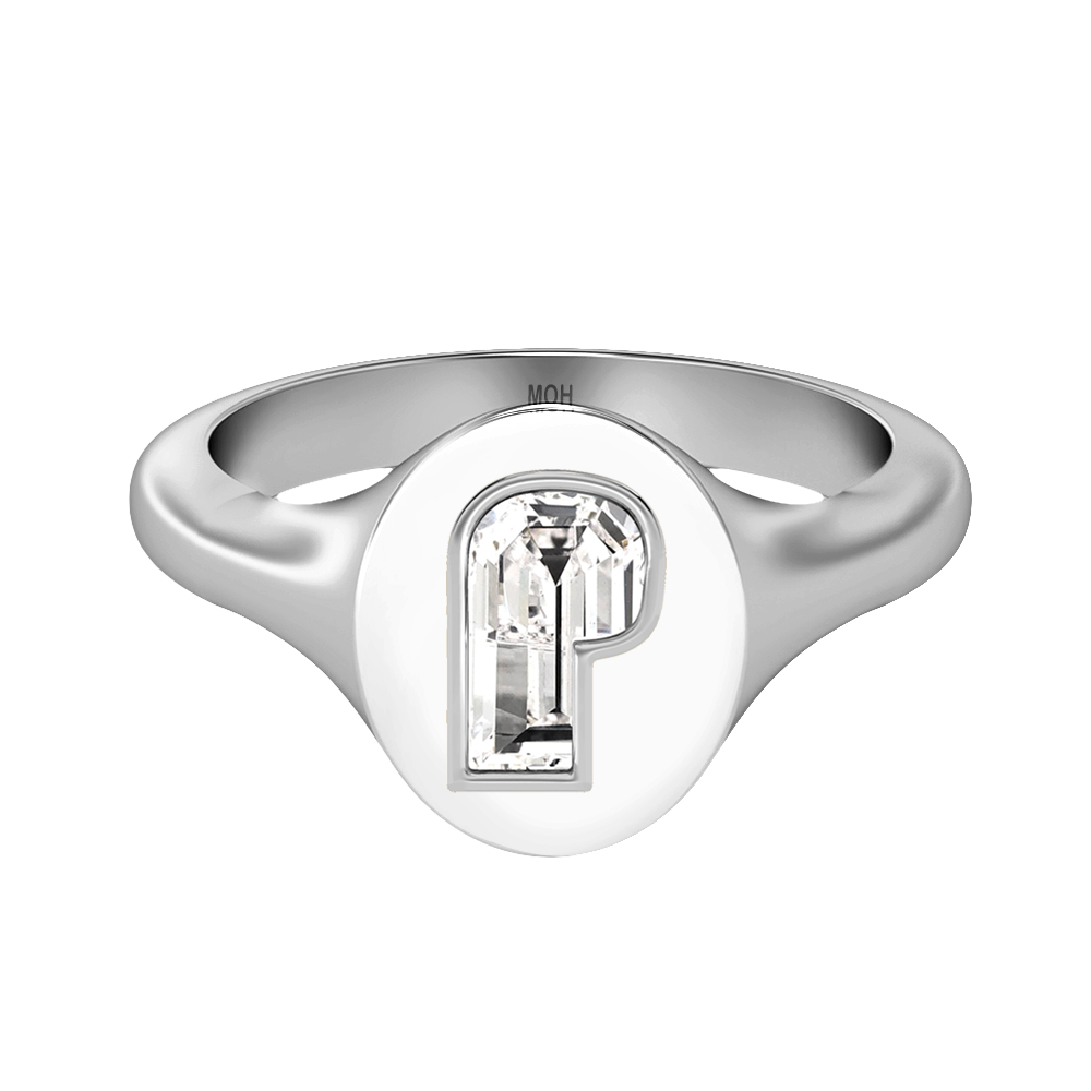 P Letter Alphabet-18K White Gold-Signet Ring-7 mm