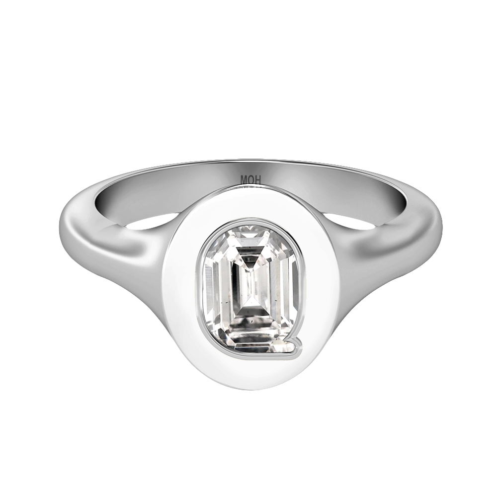 Q Letter Alphabet-18K White Gold-Signet Ring-7 mm