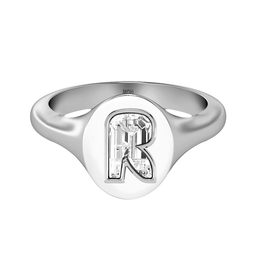 R Letter Alphabet-18K White Gold-Signet Ring-7 mm
