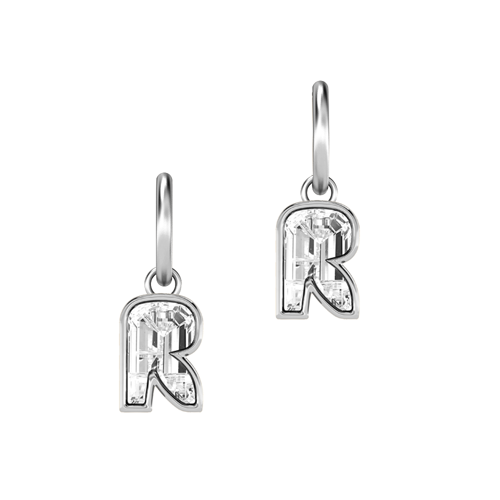 R Letter Alphabet-18K White Gold-Hoop Earrings-7 mm