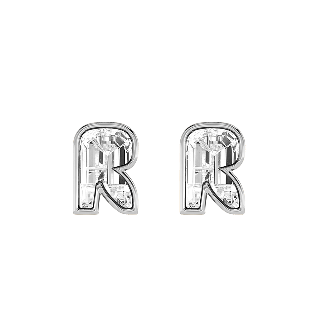 R Letter Alphabet-18K White Gold-Stud Earrings-7 mm
