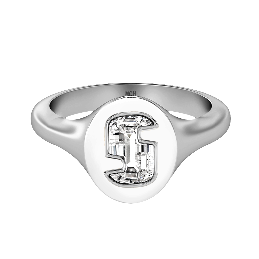 S Letter Alphabet-18K White Gold-Signet Ring-7 mm