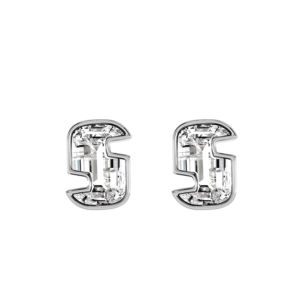 S Letter Alphabet-18K White Gold-Stud Earrings-7 mm