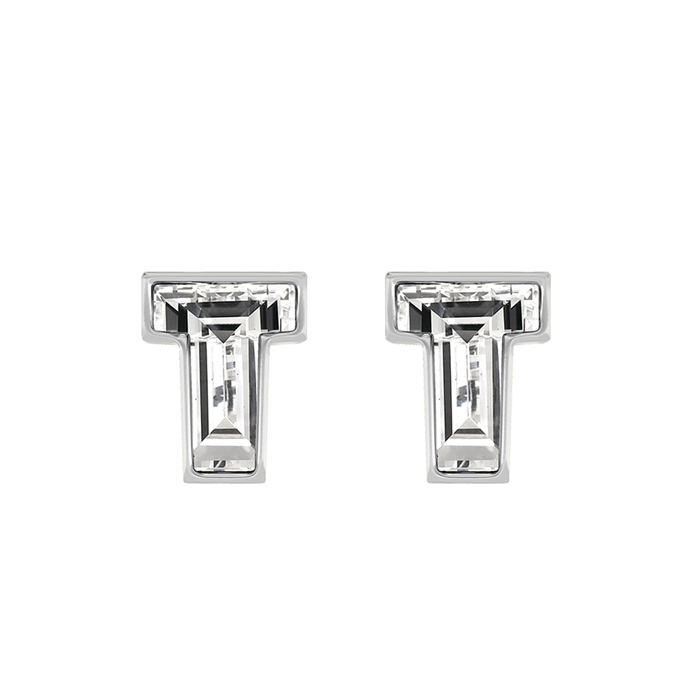 T Letter Alphabet-18K White Gold-Stud Earrings-7 mm