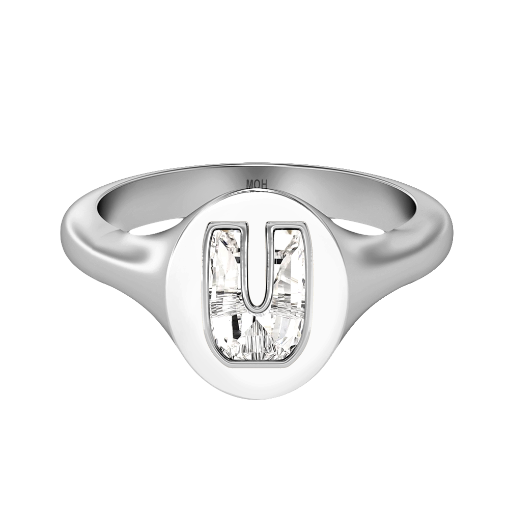 U Letter Alphabet-18K White Gold-Signet Ring-7 mm