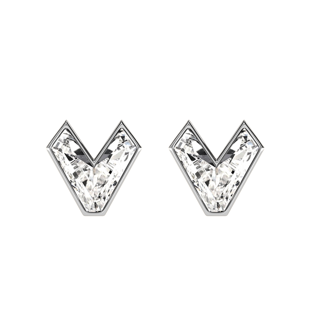 V Letter Alphabet-18K White Gold-Stud Earrings-7 mm
