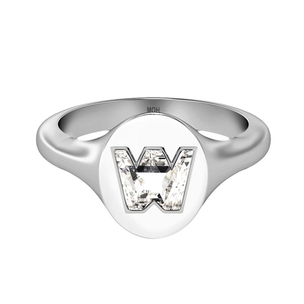 W Letter Alphabet-18K White Gold-Signet Ring-7 mm