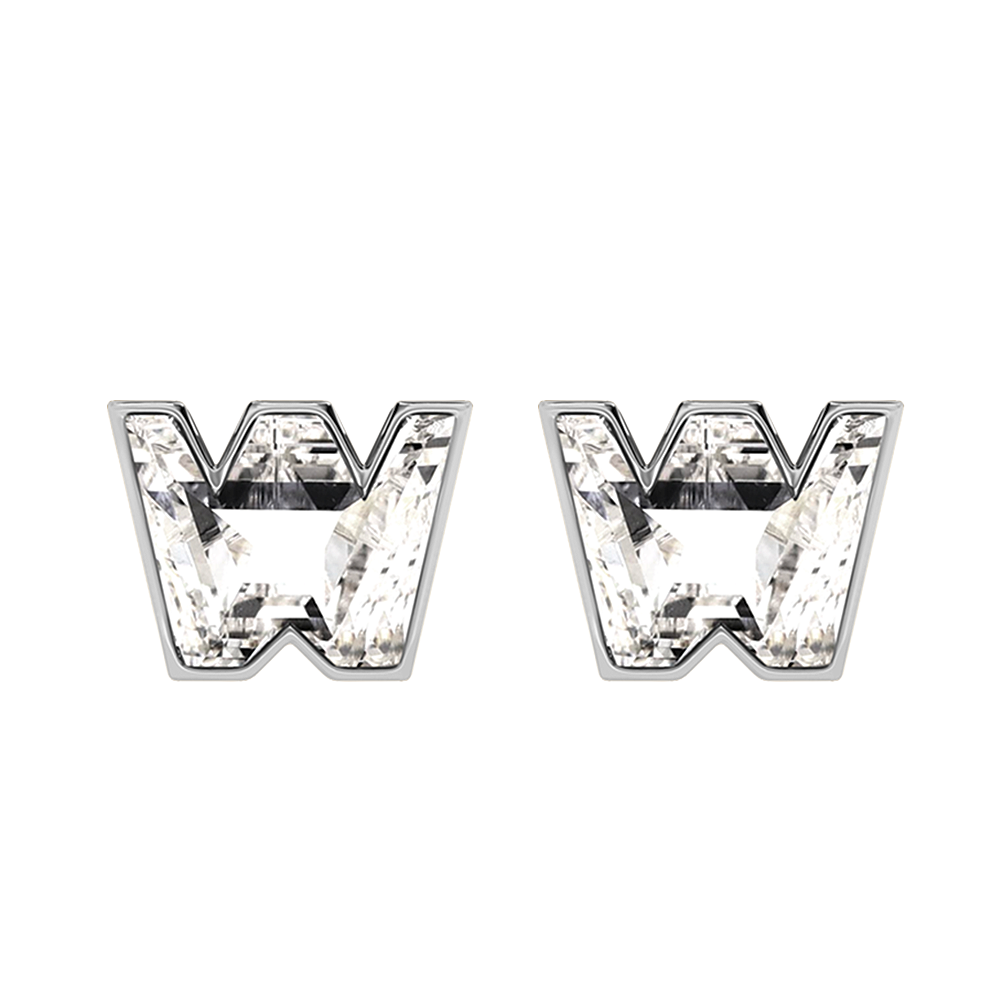 W Letter Alphabet-18K White Gold-Stud Earrings-7 mm