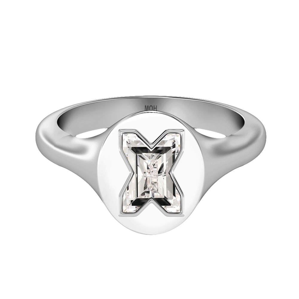X Letter Alphabet-18K White Gold-Signet Ring-7 mm