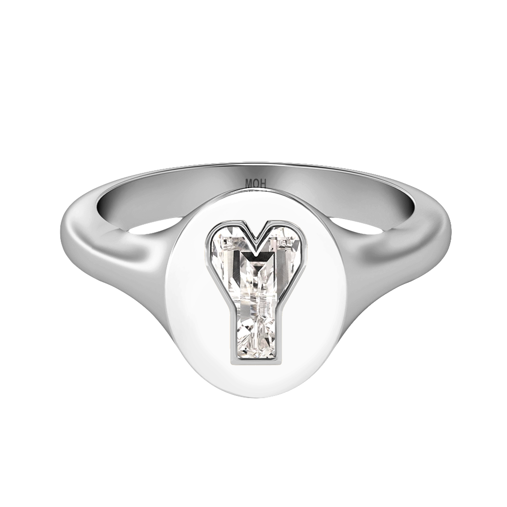 Y Letter Alphabet-18K White Gold-Signet Ring-7 mm