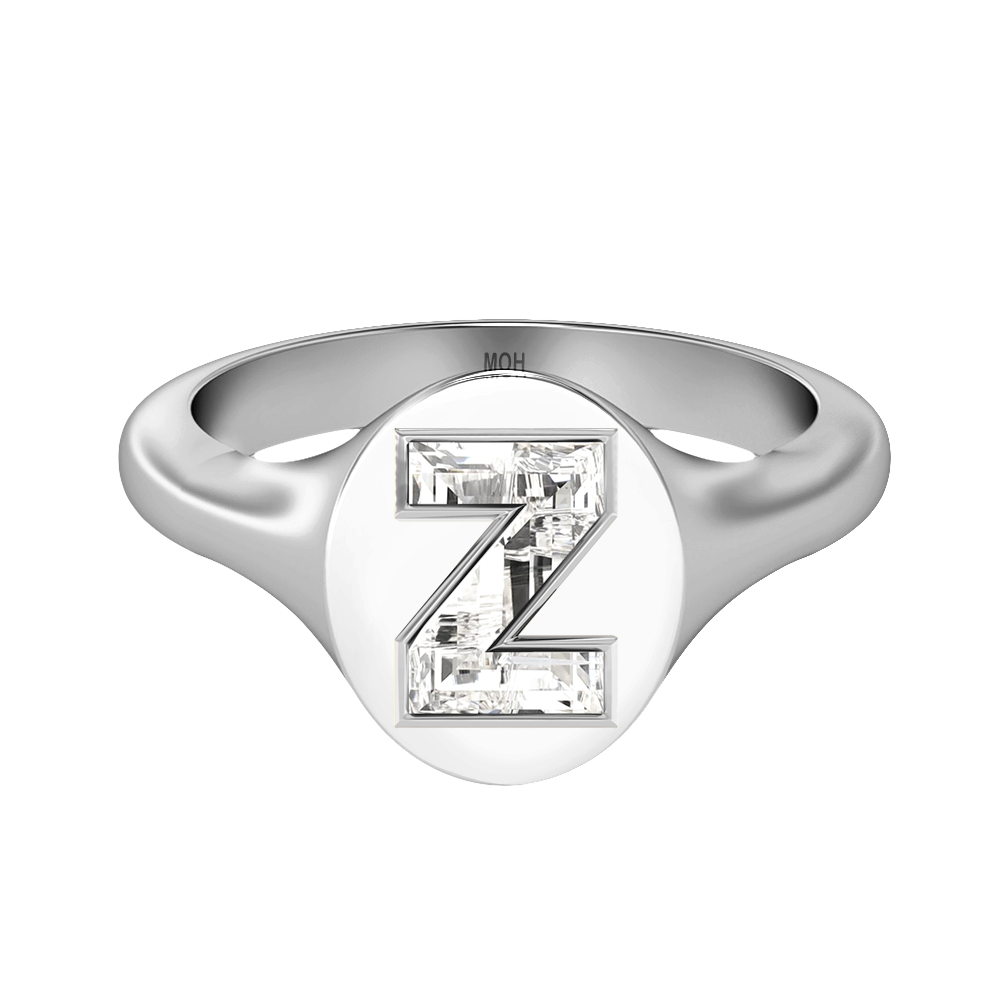 Z Letter Alphabet-18K White Gold-Signet Ring-7 mm