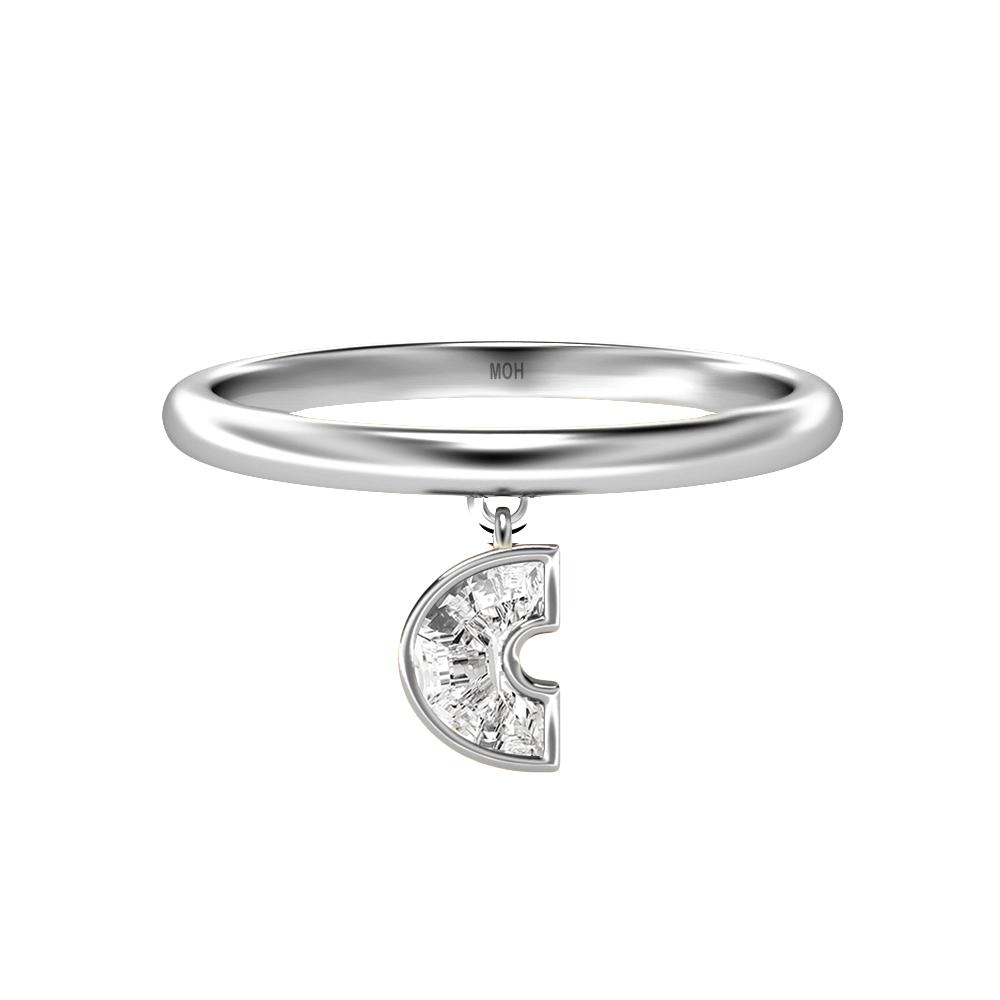 C Letter Alphabet-18K White Gold-Drop Ring-7 mm