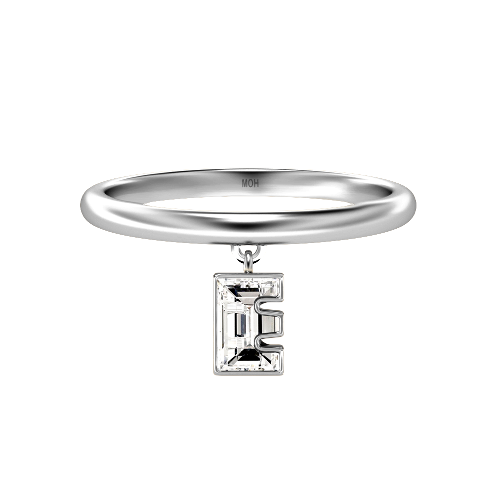 E Letter Alphabet-18K White Gold-Drop Ring-7 mm