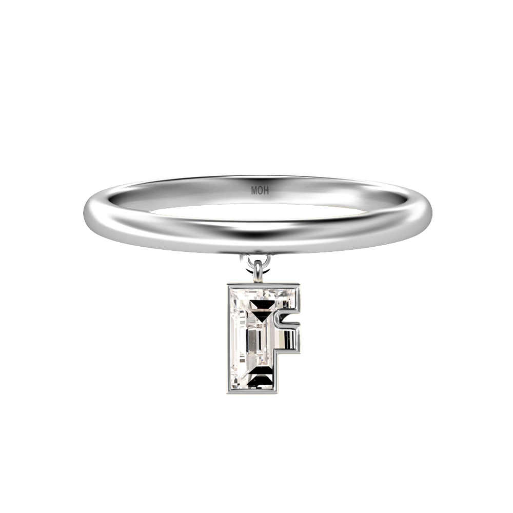 F Letter Alphabet-18K White Gold-Drop Ring-7 mm