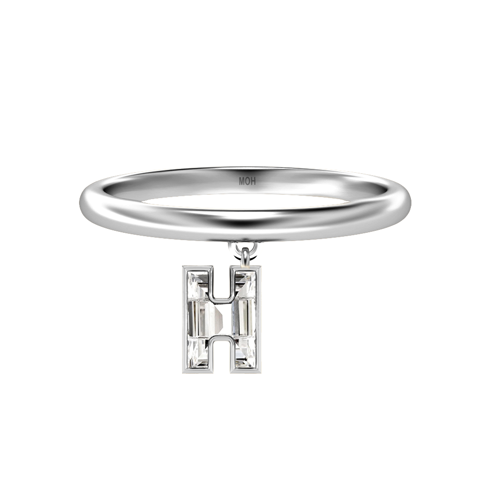 H Letter Alphabet-18K White Gold-Drop Ring-7 mm