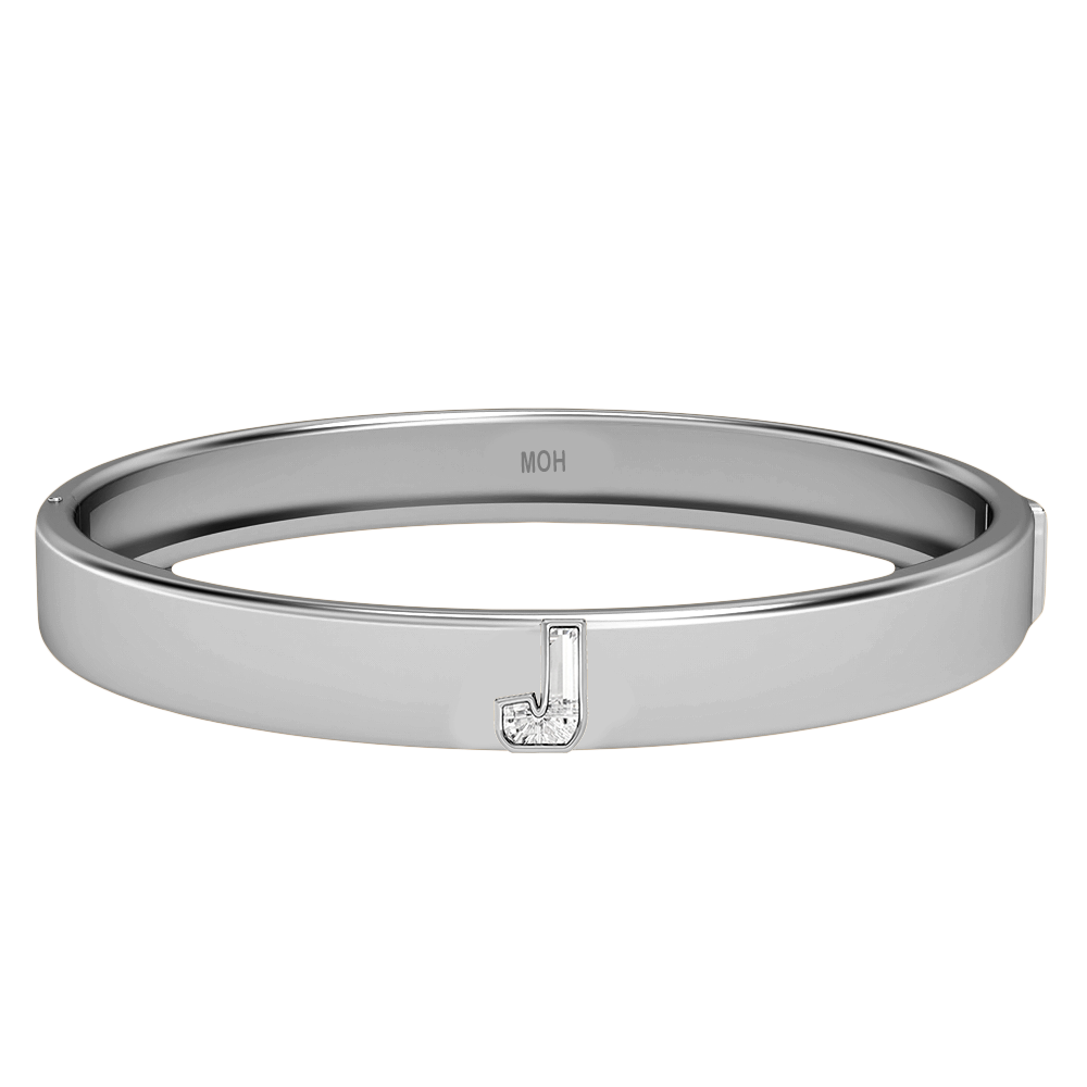 J Letter Alphabet-18K White Gold-Bangle-7 mm
