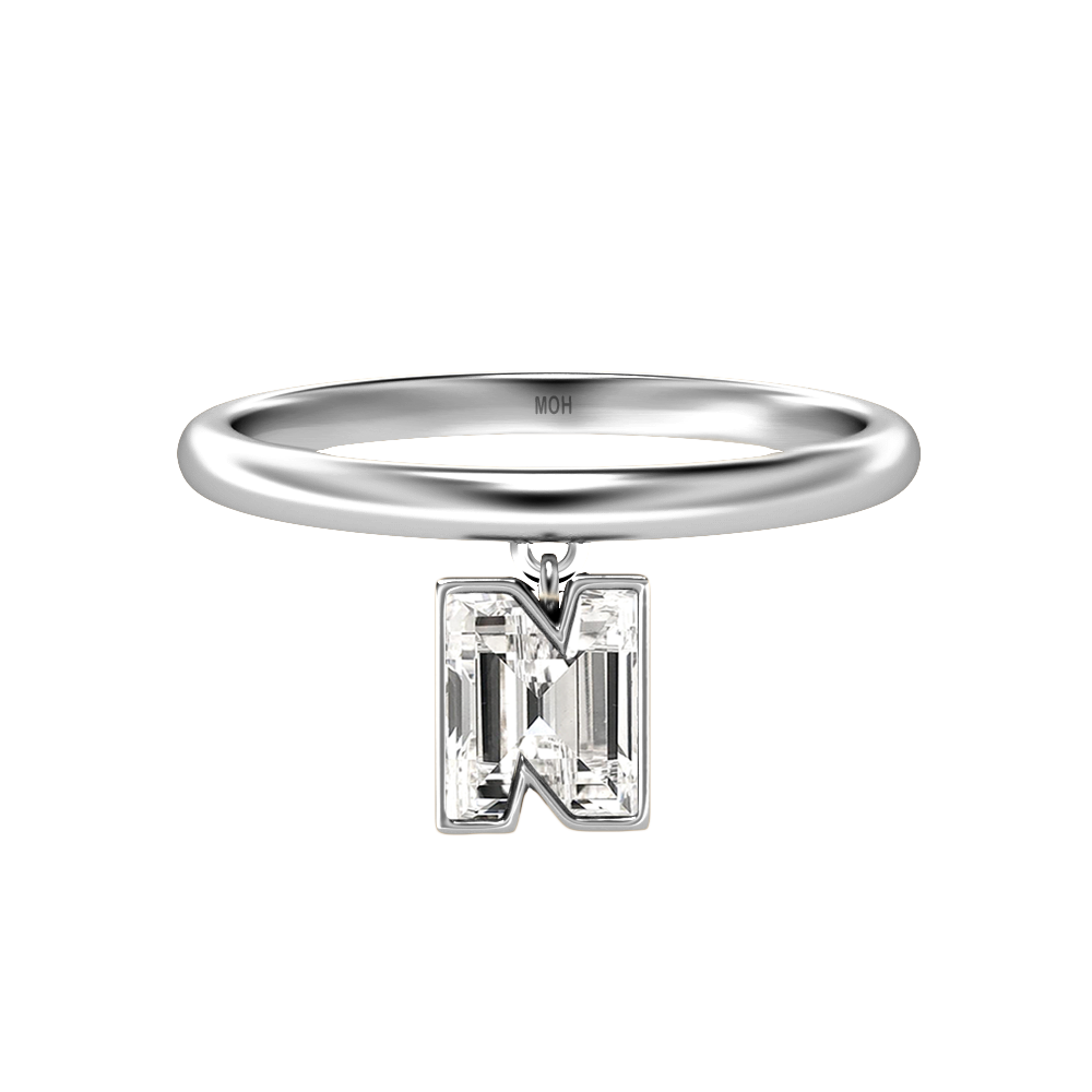 N Letter Alphabet-18K White Gold-Drop Ring-7 mm