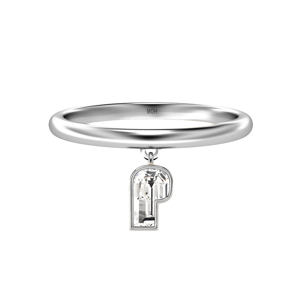 P Letter Alphabet-18K White Gold-Drop Ring-7 mm