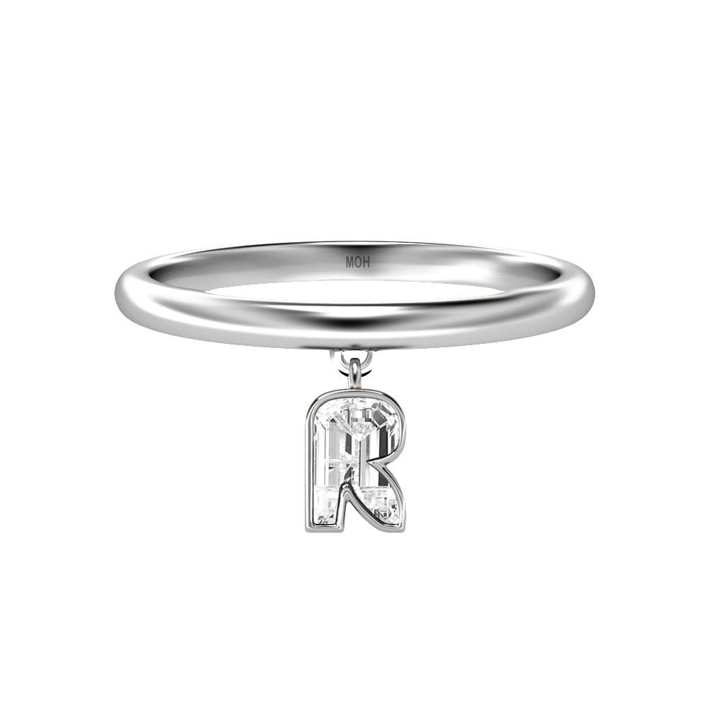 R Letter Alphabet-18K White Gold-Drop Ring-7 mm