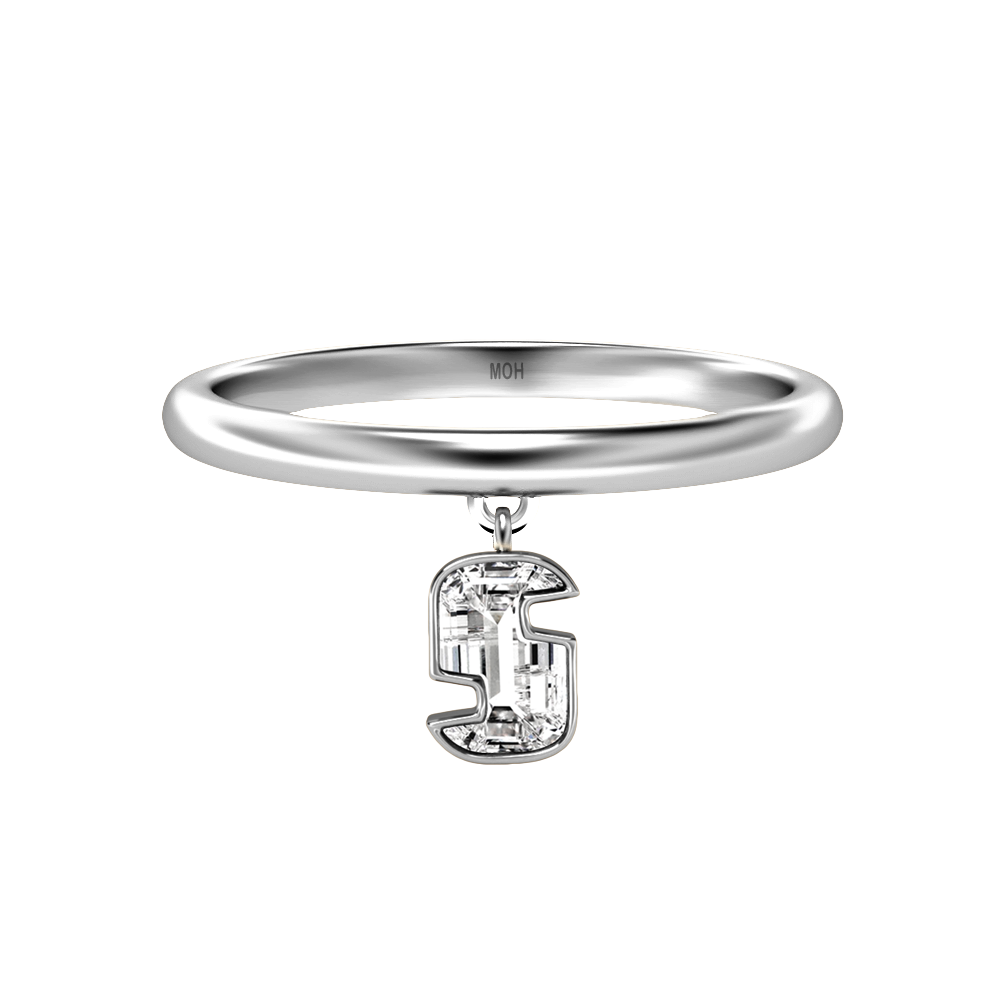 S Letter Alphabet-18K White Gold-Drop Ring-7 mm