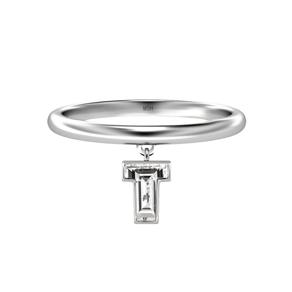 T Letter Alphabet-18K White Gold-Drop Ring-7 mm