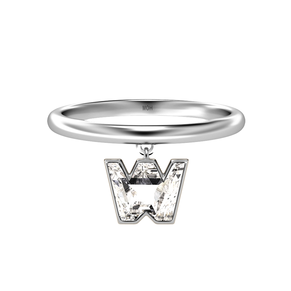 W Letter Alphabet-18K White Gold-Drop Ring-7 mm