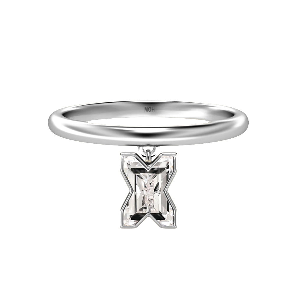 X Letter Alphabet-18K White Gold-Drop Ring-7 mm
